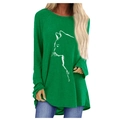 Elegant green long sleeve t-shirt with a playful white cat outline print for women - S / Green