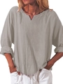 Camicia da donna casual in cotone e lino grigio con scollo a V e maniche lunghe morbide - S / Grigio