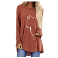 Elegant brick red long sleeve T-shirt featuring a white cat outline graphic print - S / Brown