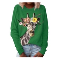 Groene damessweatshirt met lange mouwen, artistieke giraffenprint en een ronde hals - S / Groen