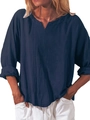 Camicia da donna in cotone e lino, vestibilità ampia a maniche lunghe e scollo a V blu - S / Blu Notte