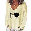 Detail of the heart pulse print on a cream V-neck long sleeve T-shirt for women - 3XL / Light Yellow