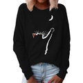 Women's black crewneck sweatshirt with minimalist white cat and moon print - S / Black