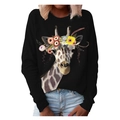 Zwarte dames sweater met ronde hals en kleurrijke artistieke giraffe print - S / Zwart