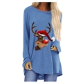 T-shirt blu a maniche lunghe da donna con stampa di renne natalizie e scollo rotondo - Taglia S / Blu