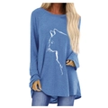 Foggy blue raglan sleeve T-shirt for women featuring a minimalist white cat line art print - S / Blue