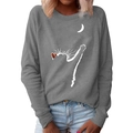 Dark grey crewneck sweatshirt for women featuring a minimalist white cat and moon print - S / Gray