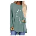 Elegant sage green raglan sleeve T-shirt with white cat silhouette print for women - 3XL / Green Gray