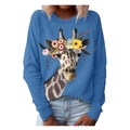 Felpa blu girocollo da donna con stampa artistica di giraffa floreale e taglio morbido - S / Blu
