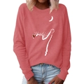 Coral red long sleeve sweatshirt featuring a creative white cat jumping for the moon print - S / Pink