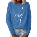Blue crew neck sweatshirt featuring a minimalist white cat and moon print - S / Blue