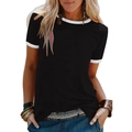 Women's black short sleeve ringer tee with white contrast trim and casual loose fit - Black