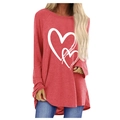 T-shirt rouge ample à manches longues avec imprimé cœur et ourlet arrondi - S / Carmin