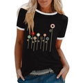 T-shirt nera da donna con stampe floreali colorate e bordi bianchi a contrasto sul collo - S / Nero