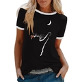 Damen T-Shirt in Schwarz mit Katzen- und Mond-Print, weißem Kontrastrand und lockerer Form - S / Schwarz