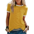 Women's casual loose crew neck T-shirt in bright yellow with white contrast trim - Yellow