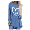 T-shirt bleu à manches longues avec imprimé cœur blanc et col rond coupe ample - S / Bleu