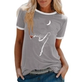 Damen T-Shirt in Grau mit Katzen- und Mond-Druck und kontrastierenden weißen Rändern - S / Grau