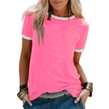 Women's casual neon pink t-shirt with white contrast trim on neckline and sleeves - Pink