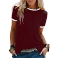 Women's burgundy ringer T-shirt with white contrast crew neck and short sleeves - Burgundy