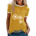 Détail du t-shirt ringer jaune moutarde avec imprimé pissenlit blanc et col rond - S / Jaune