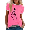 Detail of neon pink t-shirt with heart finger gesture print and white ringer neck - S / Pink