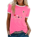 T-shirt da donna rosa con stampa floreale e bordi bianchi a contrasto sul collo - Taglia S / Rosa