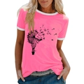 Bright pink dandelion print t-shirt for women with white contrast trim on sleeves - Pink / S