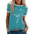 T-shirt da donna blu ciano con stampa gatto e luna e bordi bianchi a contrasto - Taglia S / Blu