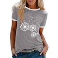 Détail de l'imprimé pissenlit sur t-shirt gris avec col et poignets contrastés blancs - S / Gris