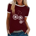 T-shirt femme bordeaux à imprimé pissenlit avec bordures contrastées blanches chic - S / Bordeaux