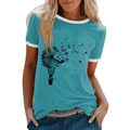 Women's dandelion print t-shirt in lake blue with white contrast trim and round neck - Blue / S