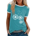 Détail d'un t-shirt d'été sarcelle avec imprimé pissenlit et col rond contrasté blanc - S / Bleu