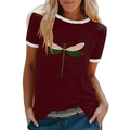 Detail of burgundy T-shirt with white trim and a colorful dragonfly print design - S / Burgundy