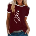 Detail of burgundy T-shirt showing round neck with white trim and finger heart print - S / Burgundy
