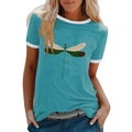 Detail of teal t-shirt featuring colorful dragonfly print and white contrast neckline - S / Blue