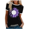 Women's black crew neck T-shirt with purple sunflower print and white contrast trim - 3XL / Tops / Black (Purple Sunflower)