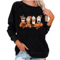 Dames sweatshirt in zwart met herfstachtige koffie en pompoen print voor Halloween - S / Herfst koffie print(1996) / Zwart