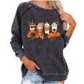 Grijze oversized sweatshirt met herfstprint van pompoen en koffie met raglanmouwen - S / Herfst koffie print(1996) / donkergrijs