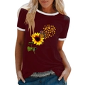 T-shirt bordeaux da donna con stampa girasole e bordi bianchi a contrasto estiva - S / Borgogna