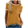 Women's mustard yellow t-shirt with white contrast trim and dandelion print design - 3XL / Tops / Yellow (Dandelion-1021X)
