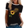 Γυναικείο μαύρο t-shirt με τύπωμα ηλίανθου και λευκή αντίθεση στη λαιμόκοψη - S / Μαύρο