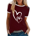 Women's wine red summer t-shirt with heart print and contrast white trim on crew neck - S / Burgundy