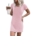 Kortgebreide mini-T-shirtjurk met ronde hals in poederroze voor een zomerse vrijetijdslook - S / Roze