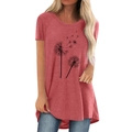 T-shirt casual da donna con stampa a dente di leone color rosso mattone, vestibilità ampia - S / Rosa