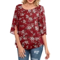 Detailed view of the dark red floral chiffon top featuring 3/4 split ruffle sleeves - S / Red White Floral