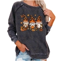 Dark grey raglan sleeve sweatshirt featuring festive gnomes and autumn leaf prints - S / Top - Autumn Gnomes Print(1997) / Dark Gray