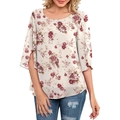 Women's elegant floral blouse with 3/4 split sleeves and scoop neck in cream ivory print - S / Light Yellow Jasmine
