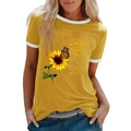 Κίτρινο ringer t-shirt με τύπωμα ηλίανθου για γυναίκες και λεπτομέρεια με στρογγυλή λαιμόκοψη - S / Κίτρινο