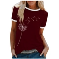 Women's burgundy t-shirt with dandelion print and white contrast trim sleeves - 3XL / Tops / Burgundy (Dandelion-1021X)
